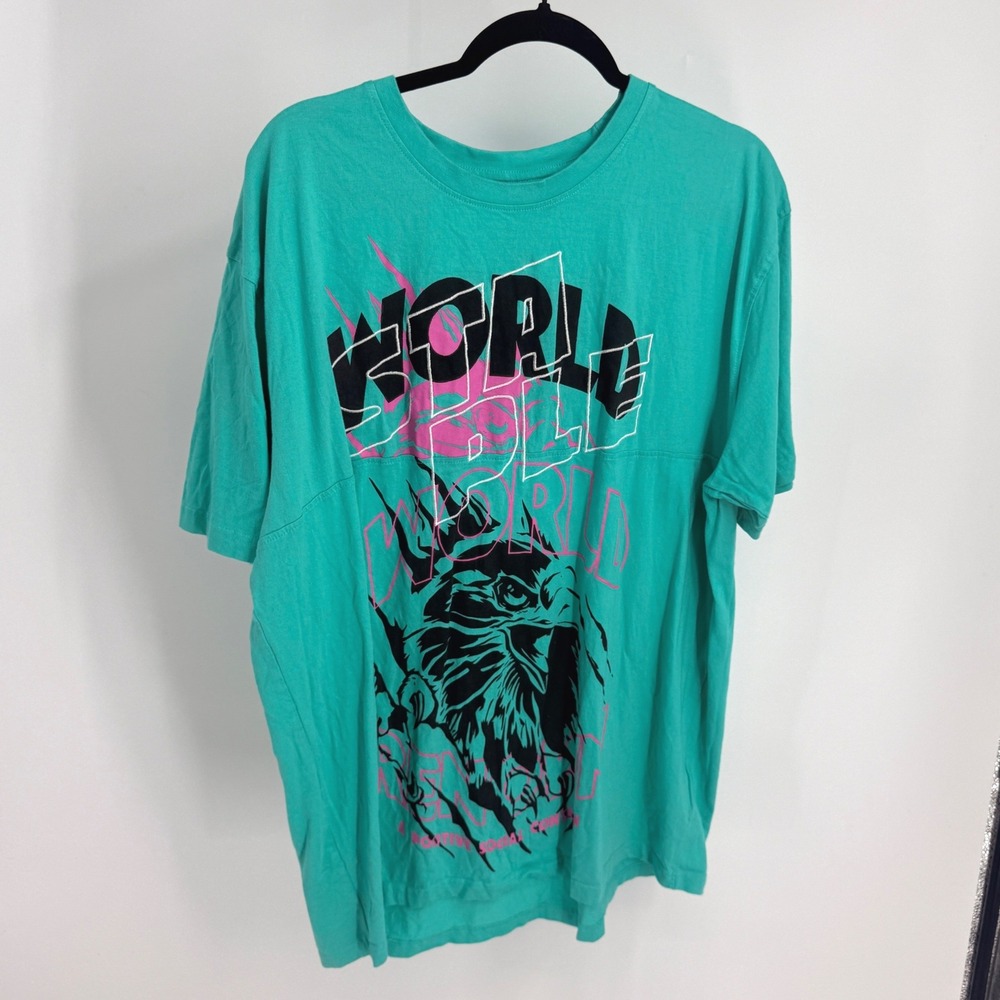 Staple Pigeon World Renown Graphic Tee Mens 2XL Teal Green Short Sleeve Cotton